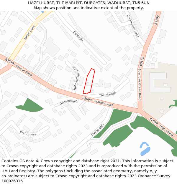 HAZELHURST, THE MARLPIT, DURGATES, WADHURST, TN5 6UN: Location map and indicative extent of plot