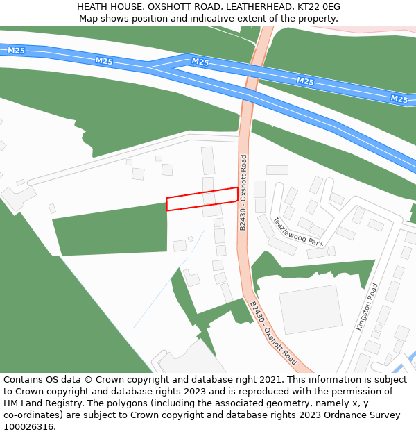 HEATH HOUSE, OXSHOTT ROAD, LEATHERHEAD, KT22 0EG: Location map and indicative extent of plot