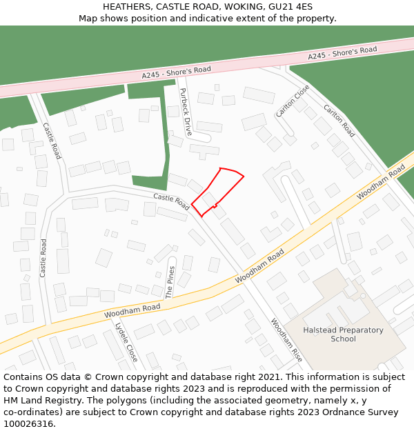 HEATHERS, CASTLE ROAD, WOKING, GU21 4ES: Location map and indicative extent of plot