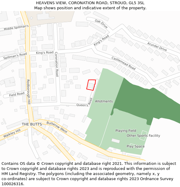 HEAVENS VIEW, CORONATION ROAD, STROUD, GL5 3SL: Location map and indicative extent of plot