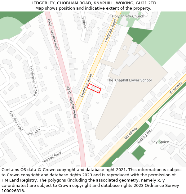 HEDGERLEY, CHOBHAM ROAD, KNAPHILL, WOKING, GU21 2TD: Location map and indicative extent of plot