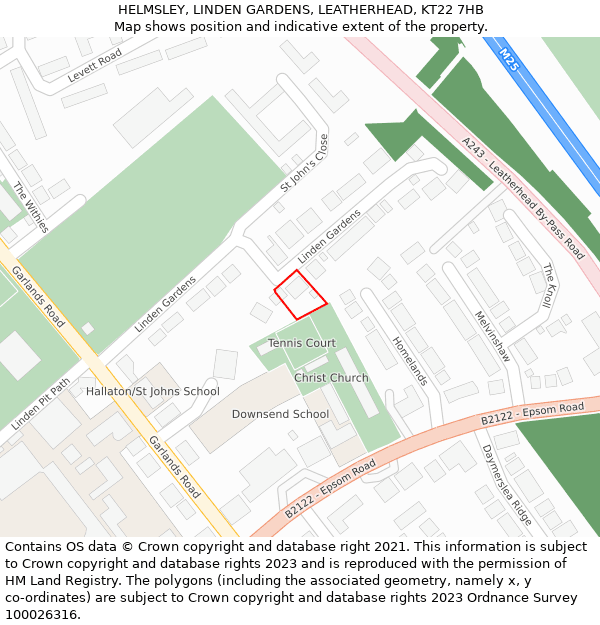 HELMSLEY, LINDEN GARDENS, LEATHERHEAD, KT22 7HB: Location map and indicative extent of plot