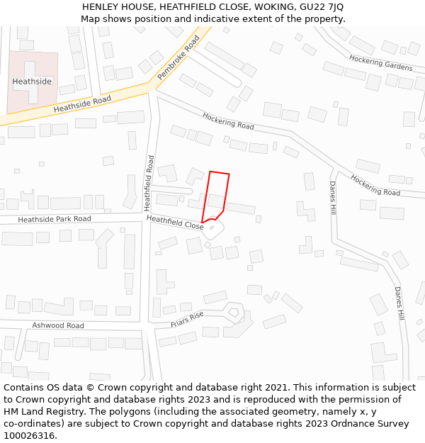 HENLEY HOUSE, HEATHFIELD CLOSE, WOKING, GU22 7JQ: Location map and indicative extent of plot