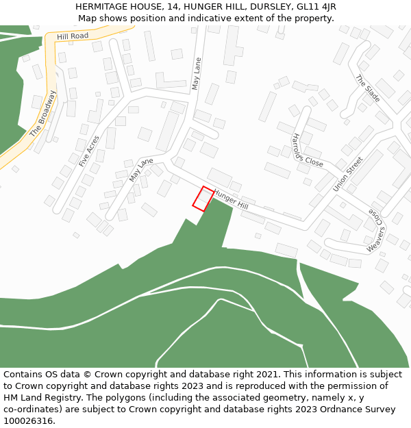HERMITAGE HOUSE, 14, HUNGER HILL, DURSLEY, GL11 4JR: Location map and indicative extent of plot