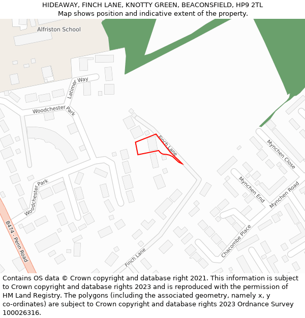 HIDEAWAY, FINCH LANE, KNOTTY GREEN, BEACONSFIELD, HP9 2TL: Location map and indicative extent of plot