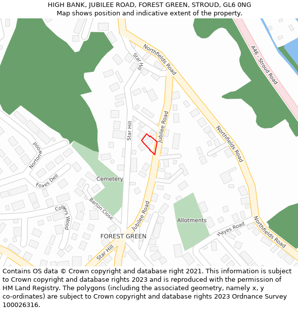HIGH BANK, JUBILEE ROAD, FOREST GREEN, STROUD, GL6 0NG: Location map and indicative extent of plot
