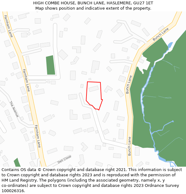 HIGH COMBE HOUSE, BUNCH LANE, HASLEMERE, GU27 1ET: Location map and indicative extent of plot