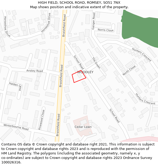 HIGH FIELD, SCHOOL ROAD, ROMSEY, SO51 7NX: Location map and indicative extent of plot