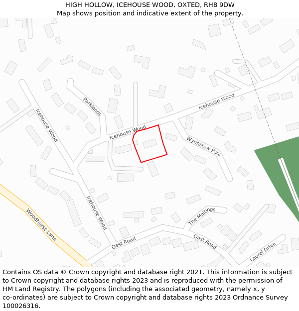 HIGH HOLLOW, ICEHOUSE WOOD, OXTED, RH8 9DW: Location map and indicative extent of plot
