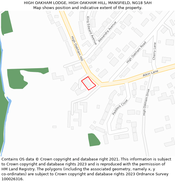 HIGH OAKHAM LODGE, HIGH OAKHAM HILL, MANSFIELD, NG18 5AH: Location map and indicative extent of plot