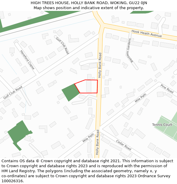 HIGH TREES HOUSE, HOLLY BANK ROAD, WOKING, GU22 0JN: Location map and indicative extent of plot