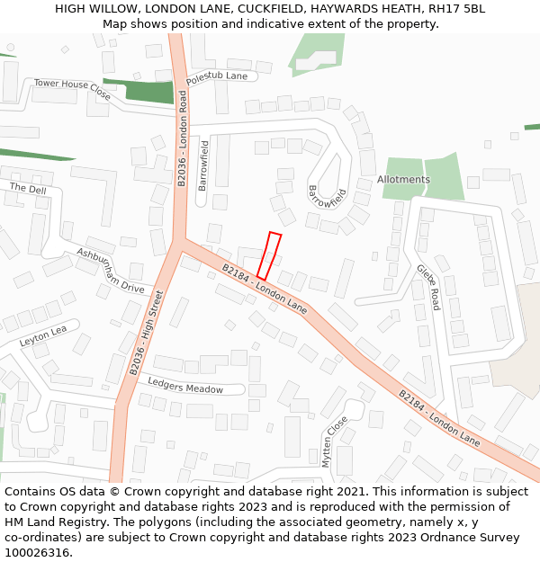 HIGH WILLOW, LONDON LANE, CUCKFIELD, HAYWARDS HEATH, RH17 5BL: Location map and indicative extent of plot