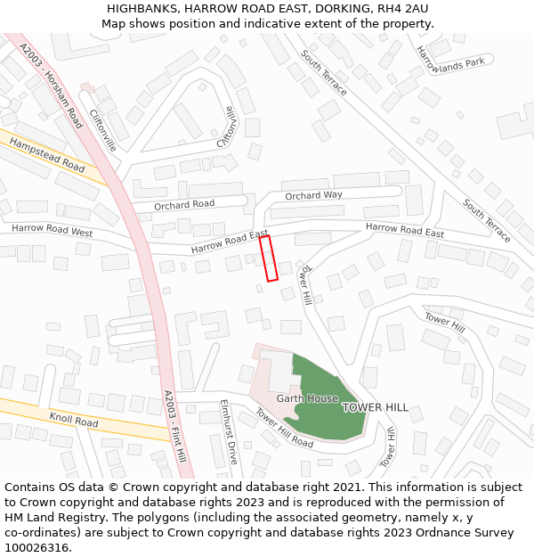 HIGHBANKS, HARROW ROAD EAST, DORKING, RH4 2AU: Location map and indicative extent of plot