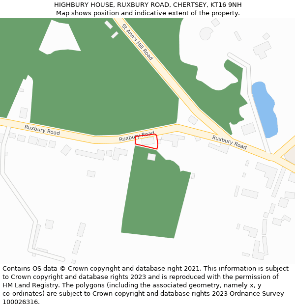 HIGHBURY HOUSE, RUXBURY ROAD, CHERTSEY, KT16 9NH: Location map and indicative extent of plot