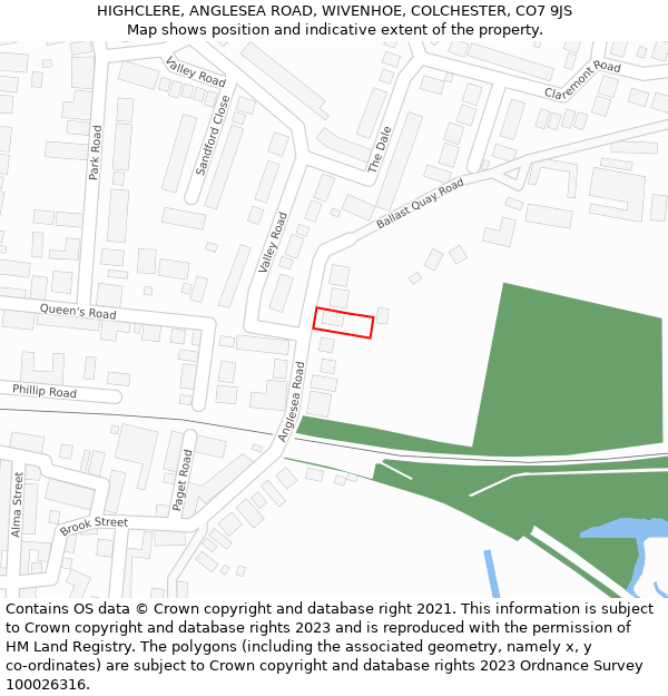 HIGHCLERE, ANGLESEA ROAD, WIVENHOE, COLCHESTER, CO7 9JS: Location map and indicative extent of plot