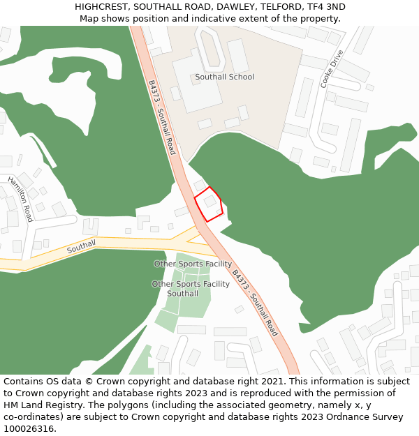 HIGHCREST, SOUTHALL ROAD, DAWLEY, TELFORD, TF4 3ND: Location map and indicative extent of plot