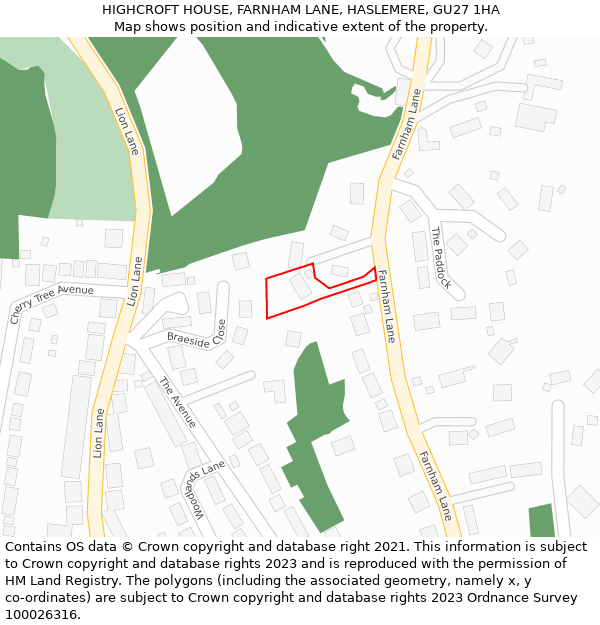 HIGHCROFT HOUSE, FARNHAM LANE, HASLEMERE, GU27 1HA: Location map and indicative extent of plot