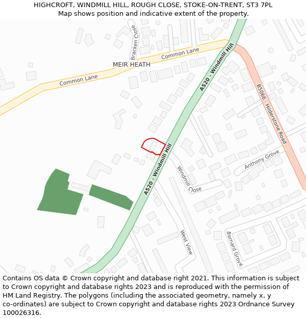 HIGHCROFT, WINDMILL HILL, ROUGH CLOSE, STOKE-ON-TRENT, ST3 7PL: Location map and indicative extent of plot