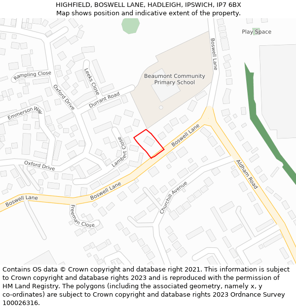 HIGHFIELD, BOSWELL LANE, HADLEIGH, IPSWICH, IP7 6BX: Location map and indicative extent of plot