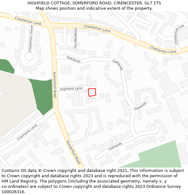 HIGHFIELD COTTAGE, SOMERFORD ROAD, CIRENCESTER, GL7 1TS: Location map and indicative extent of plot