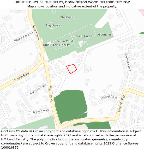 HIGHFIELD HOUSE, THE FIELDS, DONNINGTON WOOD, TELFORD, TF2 7PW: Location map and indicative extent of plot