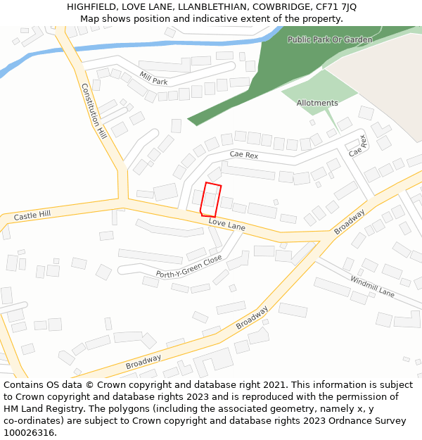 HIGHFIELD, LOVE LANE, LLANBLETHIAN, COWBRIDGE, CF71 7JQ: Location map and indicative extent of plot