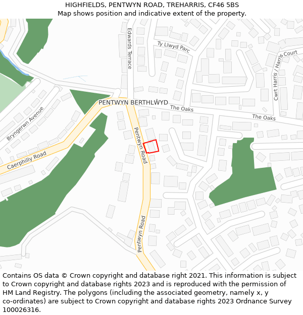 HIGHFIELDS, PENTWYN ROAD, TREHARRIS, CF46 5BS: Location map and indicative extent of plot