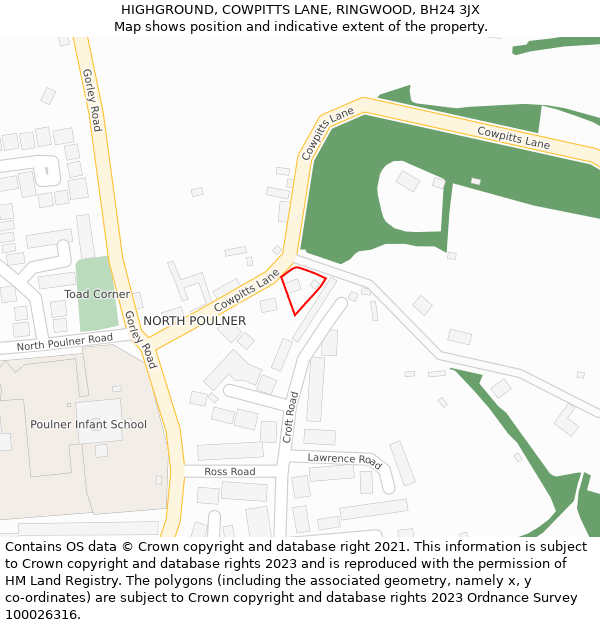 HIGHGROUND, COWPITTS LANE, RINGWOOD, BH24 3JX: Location map and indicative extent of plot
