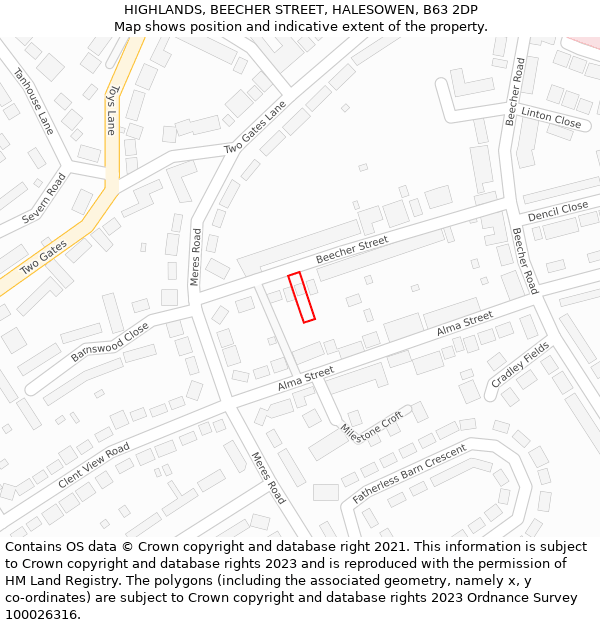 HIGHLANDS, BEECHER STREET, HALESOWEN, B63 2DP: Location map and indicative extent of plot