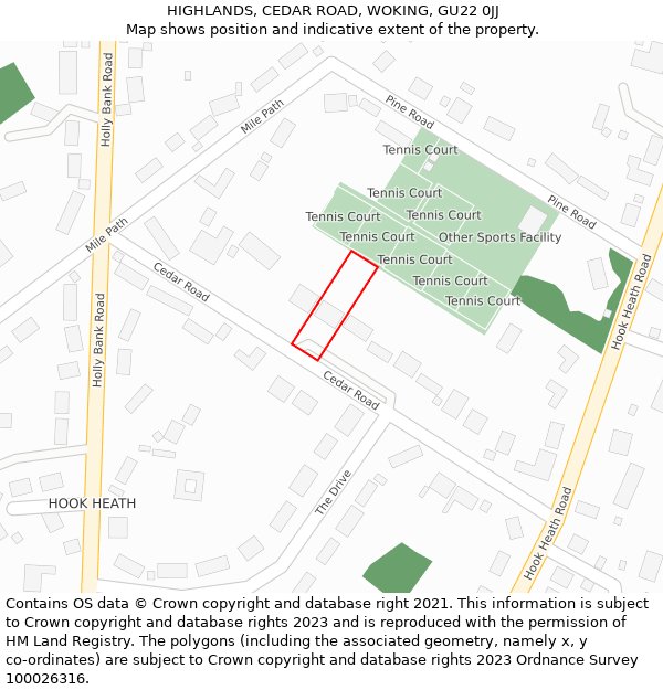 HIGHLANDS, CEDAR ROAD, WOKING, GU22 0JJ: Location map and indicative extent of plot