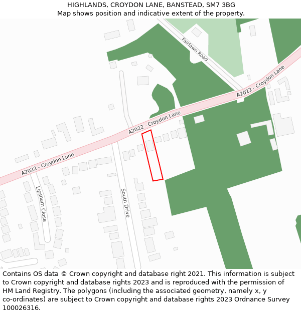 HIGHLANDS, CROYDON LANE, BANSTEAD, SM7 3BG: Location map and indicative extent of plot