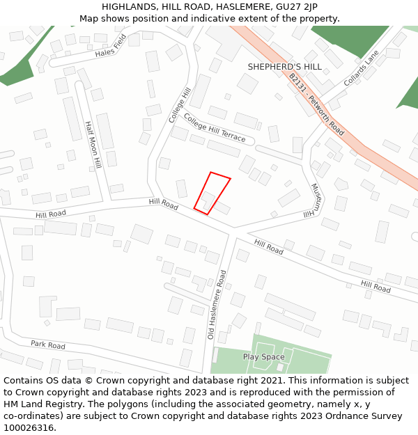 HIGHLANDS, HILL ROAD, HASLEMERE, GU27 2JP: Location map and indicative extent of plot
