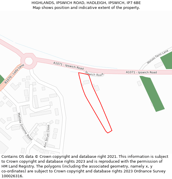 HIGHLANDS, IPSWICH ROAD, HADLEIGH, IPSWICH, IP7 6BE: Location map and indicative extent of plot