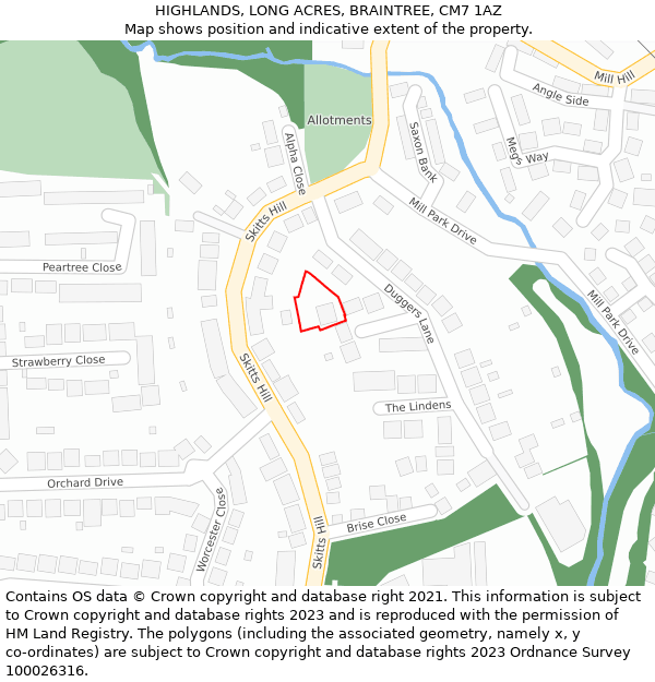 HIGHLANDS, LONG ACRES, BRAINTREE, CM7 1AZ: Location map and indicative extent of plot