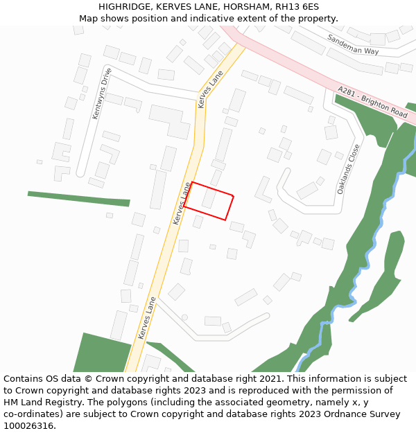 HIGHRIDGE, KERVES LANE, HORSHAM, RH13 6ES: Location map and indicative extent of plot