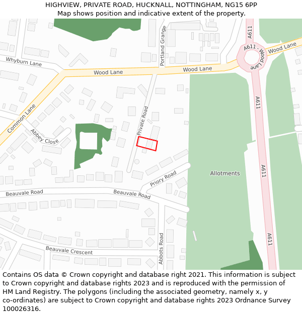 HIGHVIEW, PRIVATE ROAD, HUCKNALL, NOTTINGHAM, NG15 6PP: Location map and indicative extent of plot