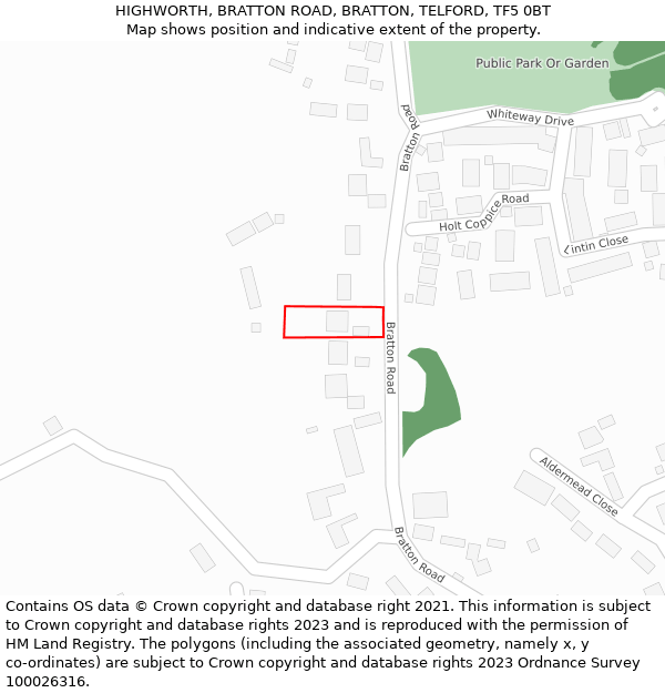 HIGHWORTH, BRATTON ROAD, BRATTON, TELFORD, TF5 0BT: Location map and indicative extent of plot