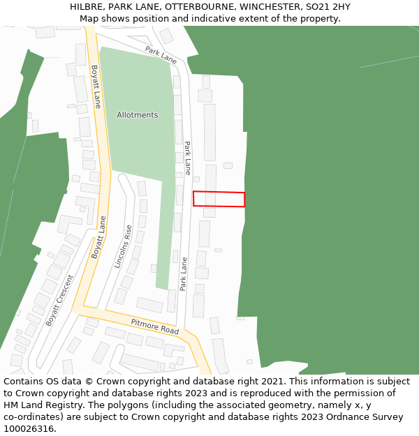 HILBRE, PARK LANE, OTTERBOURNE, WINCHESTER, SO21 2HY: Location map and indicative extent of plot