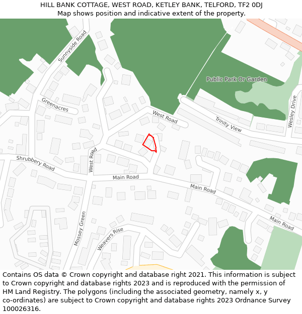 HILL BANK COTTAGE, WEST ROAD, KETLEY BANK, TELFORD, TF2 0DJ: Location map and indicative extent of plot