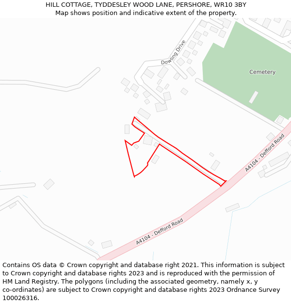 HILL COTTAGE, TYDDESLEY WOOD LANE, PERSHORE, WR10 3BY: Location map and indicative extent of plot