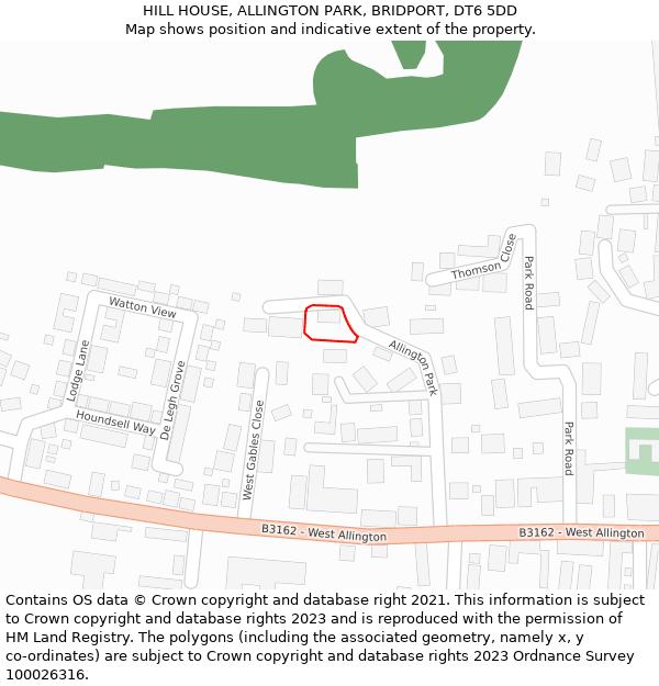 HILL HOUSE, ALLINGTON PARK, BRIDPORT, DT6 5DD: Location map and indicative extent of plot