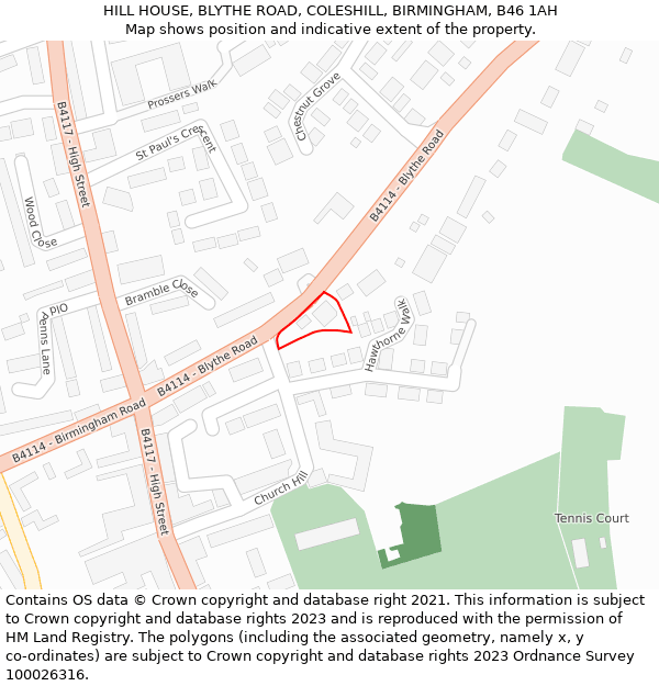 HILL HOUSE, BLYTHE ROAD, COLESHILL, BIRMINGHAM, B46 1AH: Location map and indicative extent of plot
