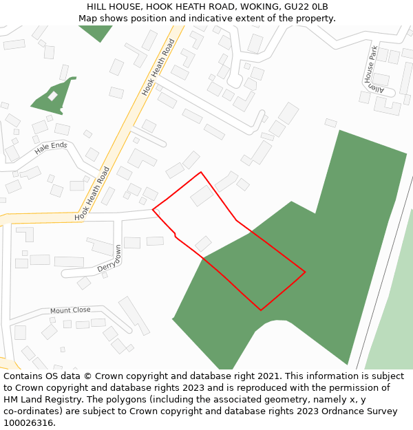 HILL HOUSE, HOOK HEATH ROAD, WOKING, GU22 0LB: Location map and indicative extent of plot