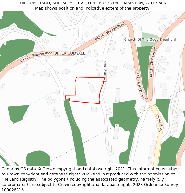 HILL ORCHARD, SHELSLEY DRIVE, UPPER COLWALL, MALVERN, WR13 6PS: Location map and indicative extent of plot