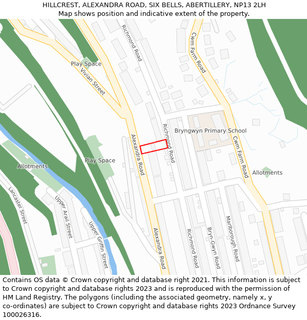 HILLCREST, ALEXANDRA ROAD, SIX BELLS, ABERTILLERY, NP13 2LH: Location map and indicative extent of plot