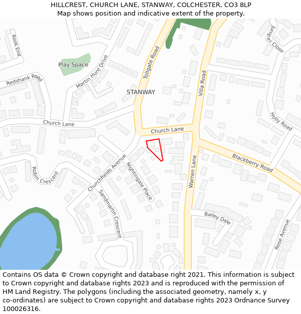 HILLCREST, CHURCH LANE, STANWAY, COLCHESTER, CO3 8LP: Location map and indicative extent of plot