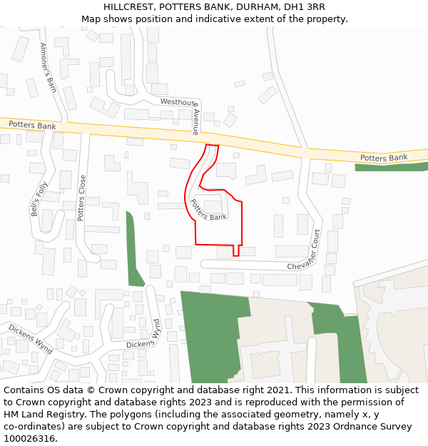 HILLCREST, POTTERS BANK, DURHAM, DH1 3RR: Location map and indicative extent of plot
