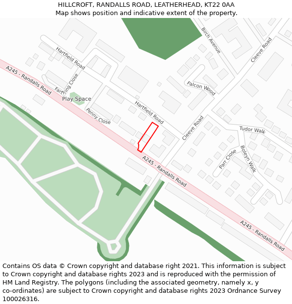 HILLCROFT, RANDALLS ROAD, LEATHERHEAD, KT22 0AA: Location map and indicative extent of plot