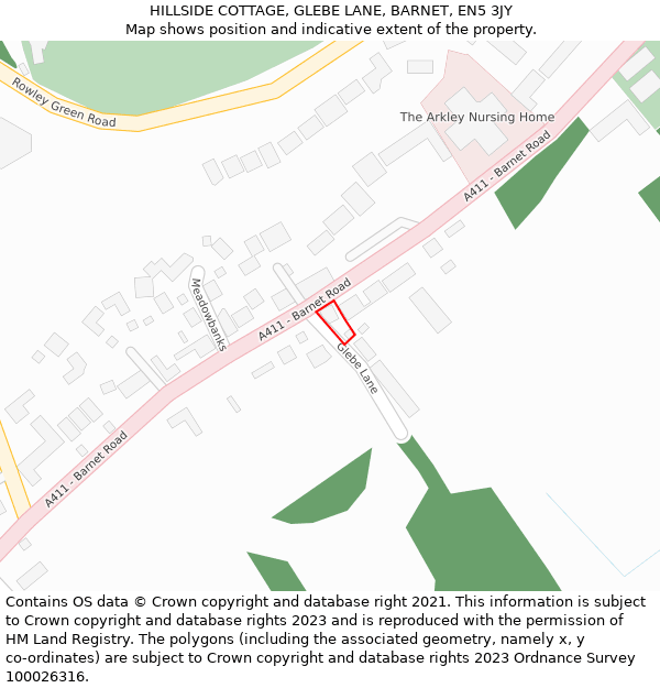 HILLSIDE COTTAGE, GLEBE LANE, BARNET, EN5 3JY: Location map and indicative extent of plot