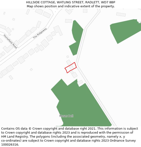 HILLSIDE COTTAGE, WATLING STREET, RADLETT, WD7 8BP: Location map and indicative extent of plot